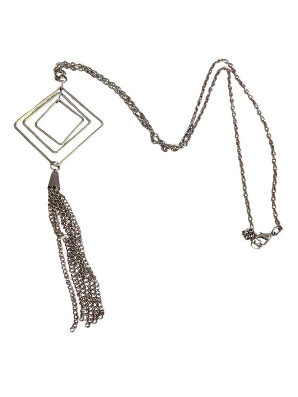 Geometric Silver Tone Pendant Necklace Open Square Tassel Lobster Clasp 28"